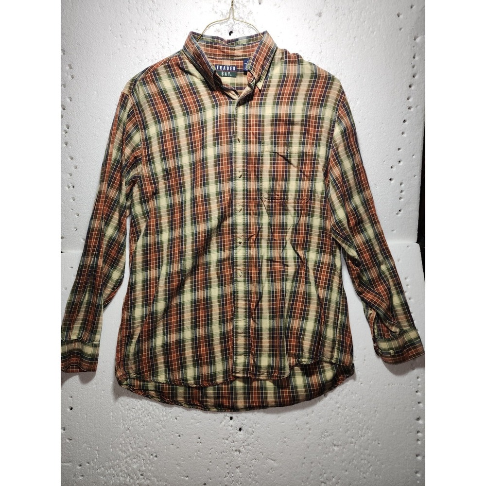 VTG Trader Bay Shirt Mens Large Yellow Brown Plaid Casual Long Sleeve Buttons